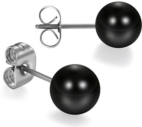 JewelryWe Schmuck Damen Ohrstecker, Elegant Edelstahl Imitation Perlen Kugel Ohrringe Gestüt Stecker Silber Schwarz 8mm für Frauen Mädchen