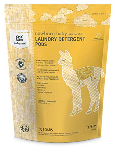 Grab Green Lessive à lessive pour bébé 30 pièces parfum apaisant de camomille à base végétale et minérale formulé pour traiter les taches de linge nouveau-né (0-4 mois)