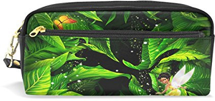 Eslifey Tragbare Tasche Fee mit grünen Blättern PU Leder Schultasche Stifteetui, Stifteetui, Wasserdicht, Kosmetiktasche, Make-up-Koffer