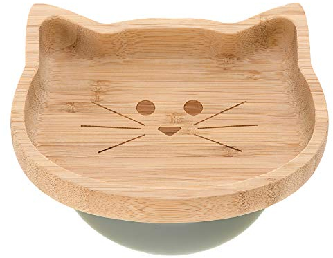 LÄSSIG Assiette en bois pour enfants Assiette à goûter pour enfants, en bambou Ventouse en silicone antidérapante/Platter Little Chums Cat, turquoise