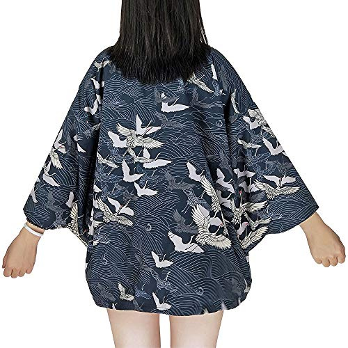 G-LIKE Women Japanese Kimono Cardigan - Autumn Harajuku Ancient Style Bathrobe Cardigan Sunscreen Clothes Pajamas Jacket Feather Knitting Coat (Blue Crane)