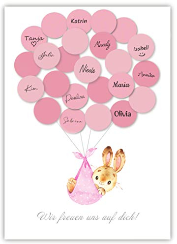 Pandawal Babyparty Deko Mädchen Gästebuch Alternative Baby Shower Set Hase (Rosa) Gastgeschenk Taufe Pullerparty Erinnerungsstück/Andenken beschreibbar/Fingerabdruck