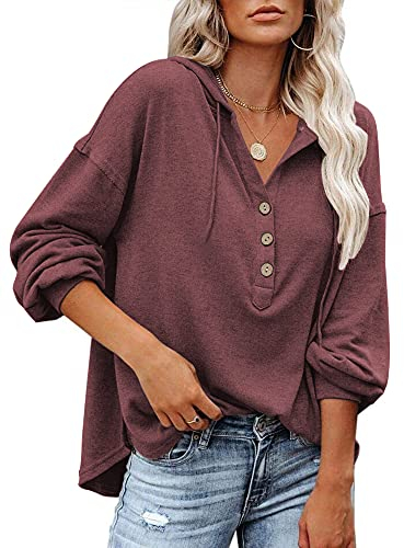 PLOKNRD Kapuzenpullover Damen Langarm Knöpfen Pullover mit Kordelzug Freizeit V-Ausschnitt Hooded Henley Sweatshirt Klassisch(Wein Rot, M)
