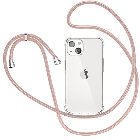 XTCASE für iPhone 13 Hülle mit Band Transparent Handyhülle Stossfest Schutzhülle - Schnur mit Case zum Umhängen in Roségold