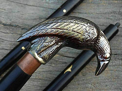 Samara Nautical Antique Solid Brass Raven Head Handle Nautical Style Walking Stick Wooden Cane