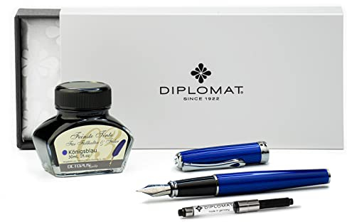 Diplomat Excellence A2 Skyline Blau, Füllfederhalter mit Schreibtinte und Konverter, Füller mit Edelstahlfeder Stärke M, Füllhalter-Set