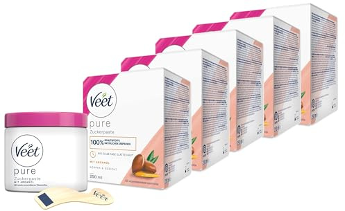 Veet Sugaring Zuckerpaste mit Arganöl zur Haarentfernung für spürbar glatte Haut für bis zu 4 Wochen, 5 x 250 ml