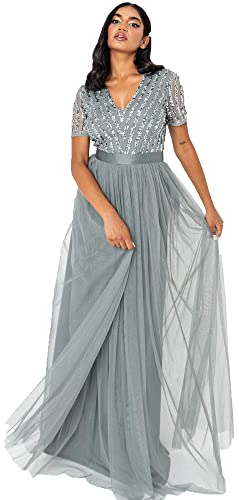 Maya Deluxe Damen Ballkleid Abendkleid V-Ausschnitt Maxi Länge Pailletten Kurze Ärmel für Hochzeit Geburtstag Brautjungfer Bridesmaid Dress, Nebel grün, 52