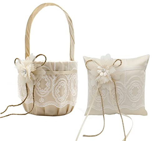 DRYEN Lot de 2 coussins porte-alliances en satin ivoire avec nœud en forme de panier et de porteurs de bagues et paniers de demoiselle d'honneur en dentelle pour mariage