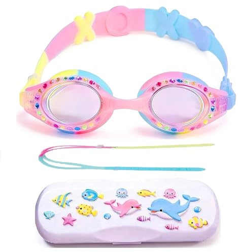 YUENREE Kids Swim Goggles for Girls Ages 4-12 | Rainbow Bling Rhinestone Pink | No Leak Anti-Fog UV Protection | with Premium Hard Case