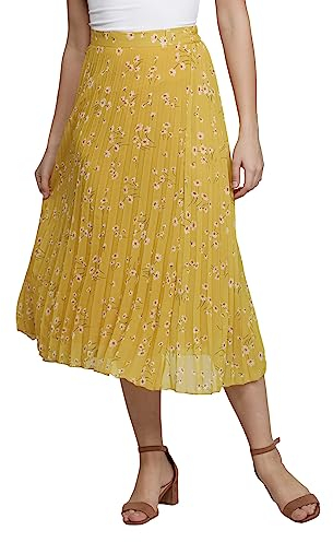 NUEVOSDAMAS Damen Ditsy Blumendruck Hohe Taille Rock Plissee A-Linie Langer Rock Strand Elastischer Midirock, Plissee Gelb, X-Klein