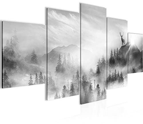 Runa Art Bild Wohnzimmer Wald Hirsch 5 Teilig Natur Berge Schwarz Weiss Wandbilder auf Vlies Leinwand 042853c