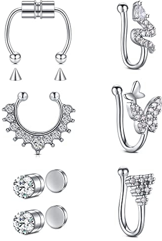 JFORYOU Fake Nasenpiercing Gefälscht Magnetische Fake Septum Faux Nasenring Fake Ohr Helix Cartilage Lippe Piercing Ring