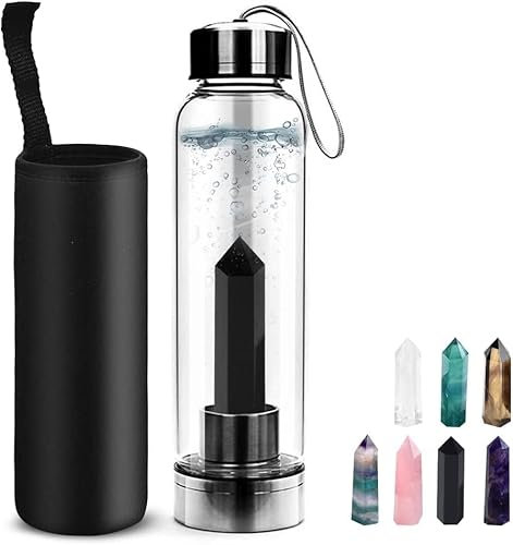 HINATAA Crystal Water Bottle, Removable Natural Crystal Gemstone Glass Bottle, Portable Proof Leak Natural Quartz 550ml (Obsidian)