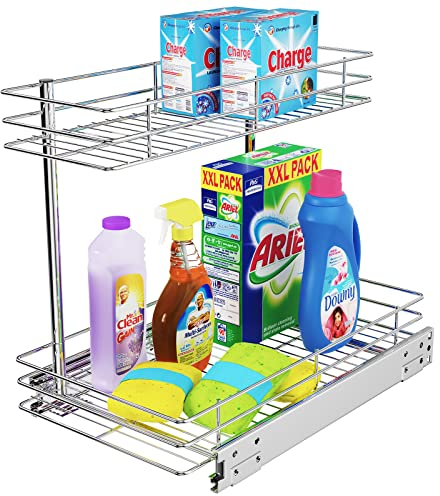 FANHAO Pull Out Cabinet Organizer, 2 Tier Wire Basket Under Sink Slide Out Storage Shelf with Sliding Drawer Storage - 27 x 44 x 37cm, Request at Least 32cm Cabinet Opening, Chrome