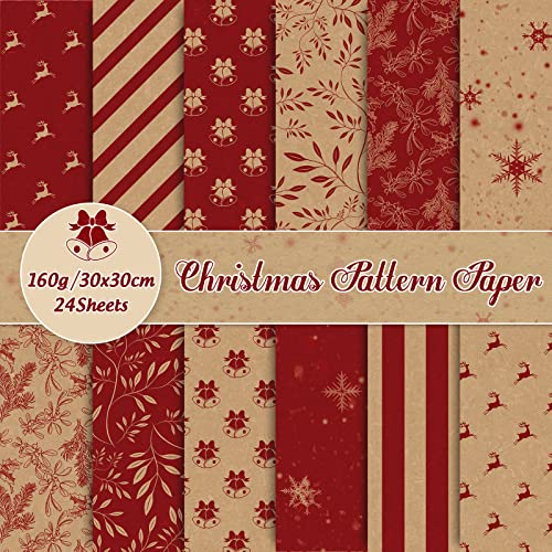 Whaline 24 Stück Weihnachtsmusterpapier 30x30 cm, rustikales Weihnachts-Scrapbook-Papier, 12 Designs, doppelseitiges Kraftpapier, rotes Bastelpapier für DIY-Kartenherstellung, Fotoalbum, Dekoration