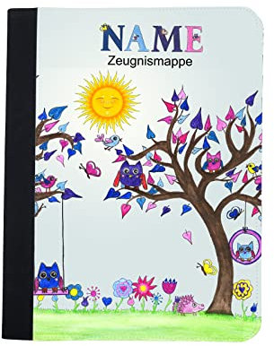 Zeugnismappe mit Name | Zeugnismappe personalisiert | mit Klarsichthüllen A4+ | Urkundenmappe | personalisierte Dokumentenmappe mit Platz für U-Heft, Impfpass, Schwimmpass, Fahrradpass (Eule)