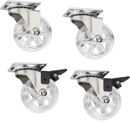 4er Set dekorative Design Möbelrollen RAPID Rollen-Ø 50 mm transparent (2 x mit Bremse + 2 ohne Bremse), Tragkraft 35 Kg, Höhe 64 mm, Möbellenkrollen von SOTECH