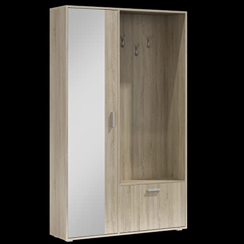 MINIO go for it BIS - Flurgarderobe Schmal I Flur Möbel 120cm Breit I Flurgarderoben mit Spiegel I Garderobenpaneel I Wandgarderobe mit Ablage und Schuhschrank I Garderobenschrank Flur I Sonoma Eiche