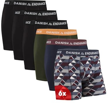 DANISH ENDURANCE 6er Pack Boxershorts Herren, Weiche Baumwolle, Unterhosen Männer mit Stretch, Mehrfarbig (3X Schwarz, 1x Grün/Orange, 1x Marineblau/Bordeaux, 1x Retro) mit Eingriff 3XL