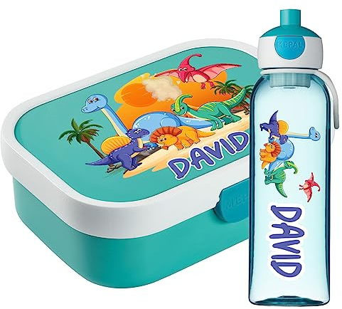 Ferocity Set de fiambreras personalizadas para niños niñas al colegio personalizado con nombre fiambrera botella de agua biberón libre de BPA con tenedor y compartimento bento Dinosaurs [153]