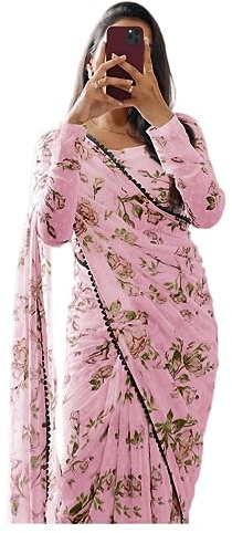 Sidhidata Women's Georgette Digital Printed Ready To Wear one Minute Saree With Unstitched Blouse Piece (X Pink)