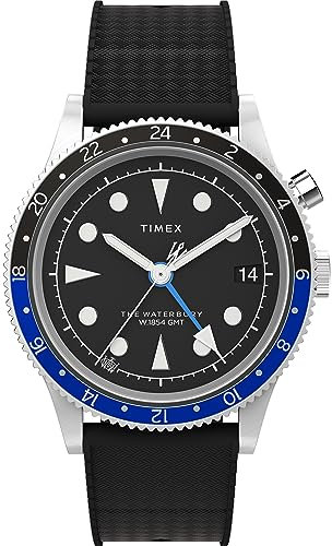 Timex Waterbury Herren-Armbanduhr, 39 mm, schwarzes, zweiteiliges, synthetisches Kautschukarmband, schwarzes Zifferblatt, Edelstahlgehäuse TW2W22600