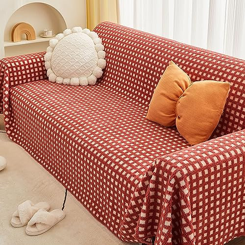 Homxi Überwurf Sofa 4 Sitzer,180x340CM,Sofahusse Quadratisches Muster Sofahusse Plüsch Sofa-Handtuch Rot Sofahusse Universel