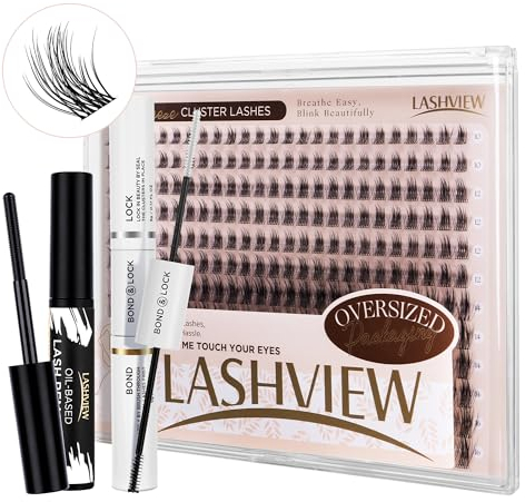 LASHVIEW Cluster Lashes 300 Pcs DIY Cluster Eyelash Extensions Natural Look Super Thin Band & Soft with Lash Bond and Seal and Cluster Lash Glue Remover (Natural, D-Big Kit)
