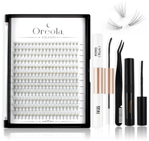 Oreola Lash Extension Kit 228Pcs False Individual Lashes DIY, Clusters Eyelash Applicator,Bond and Seal,Glue Remover Easy to Remove,C Curl 10D Wispy Natural Look Lashes