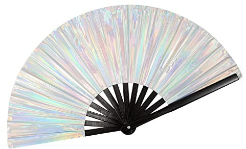 Boots on The Ground Fan, Large Holographic Folding Line Dance Popping Fan, Clap Fans for Line Dancing,Silver Laser Rave Clack Hand Fan for Festivals,Halloween,Burlesque,Drag Queen.