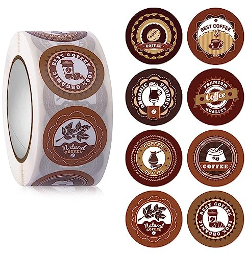 YANGLY 500 Etiquetas Adhesivas con Tema de café, Pegatinas de Sellado Redondas de 1 Pulgada para cafetería, Bar, Bebidas, Botellas de Agua, Papel de Regalo para Fiesta