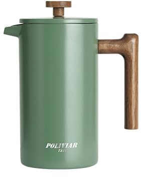 POLIVIAR Cafetiere 4 Cup, French Press Coffee Maker with Wood Handle, Double Walled Insulated Cafetiere &1 Extra Filter, Insulated 600ml French Press for Coffee & Tea, Includes 1 Extra Filter