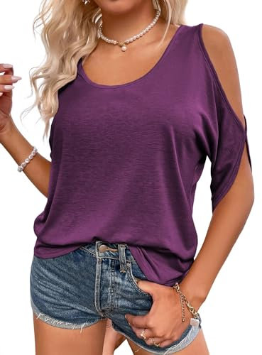 Fisoew - Maglietta da donna con scollo rotondo, con spalle scoperte, maglietta estiva a maniche corte, casual., Lilla, M
