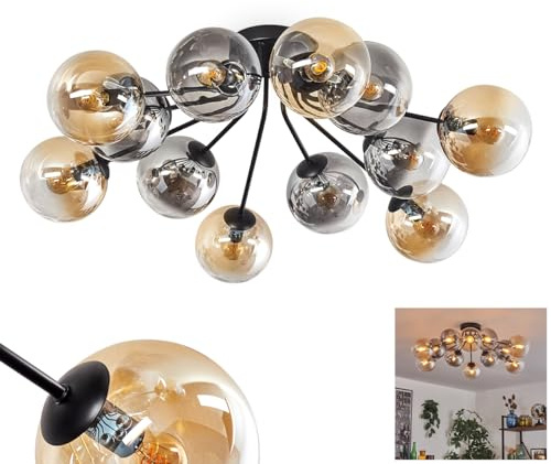 HOFSTEIN Deckenleuchte Gastor, Deckenlampe aus Metall/Glas in Schwarz/Rauch/Bernstein/Klar, Leuchte im Retro/Vintage-Design (Ø Schirme 15 cm), 12 x E14, Schlafzimmer, Wohnzimmer, Küche, Esszimmer