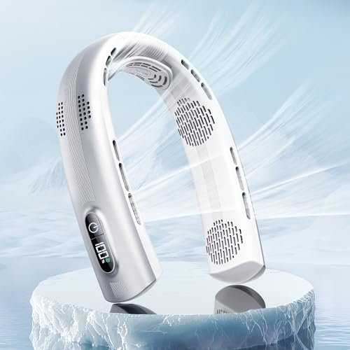 JMOSTRG Ventilatore portatile da collo – 4 turbine ventilatore da collo ricaricabile 7000 mAh, ventilatore da collo con supporto per il collo, ventilatore personale senza lama con display LED, flusso