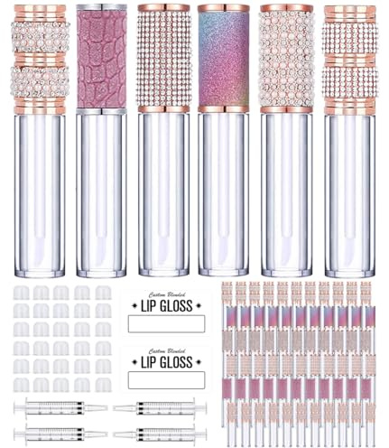 AMORIX 72pcs 5ml Diamond Lip Gloss Tubes with Magic Wand 5ml Empty Rhinestone Lip Gloss Containers Cute Lip Gloss Bottles Crystal Lip Gloss Accessories Set + 4 Syringes + Labels for