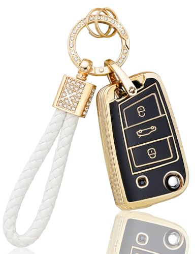 BLINGOOSE Coque de clé pour VW Volkswagen Polo Tiguan Golf 7 MK7 Touran T ROC Cross Taigo 3 boutons Coque de clé de voiture Boîte à clés Accessoires Paillettes Porte-clés Noir Or TPU
