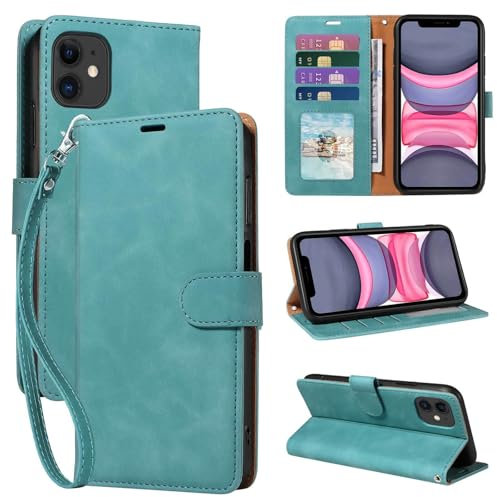 GOTOURED for iPhone 11 Phone Case Wallet, RFID Blocking 4 Card Slots, Wrist Strap, Kickstand, Magnetic Closure, Shockproof Protective Soft Leather Flip Cases Cover for iPhone 11 (Green)