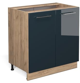 Vicco Küchenunterschrank Fame-Line, Dunkelblau Hochglanz, 80 cm mit Regal, AP Eiche