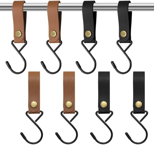 lyualma 8 Pièces Crochets en Métal en Forme de S en Cuir avec Boucle de Suspension en Métal en Forme pour Accrocher Camping(Noir, Marron)