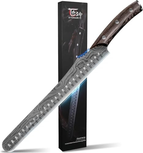 SYOKAMI Multifunction Carving Knife with Wood Handle - 12 Inch High-Carbon Japanese Style Damascus Pattern Full Tang Design - Precision-Edged Slicing Knife for Meat Cutting - Gift Box Included