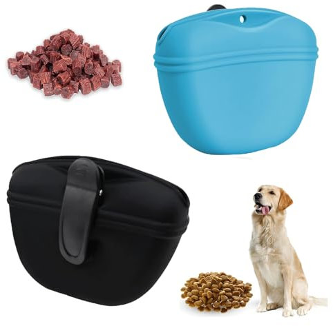 QXCFTW 2Pcs Dog Treat Pouch, Silicone Dog Treat Pouch, Dog Treat Bag, Dog Treat Pouches for Training, Silicone Pouch, for Dog Training, for Outdoor Use(Blue, Black)