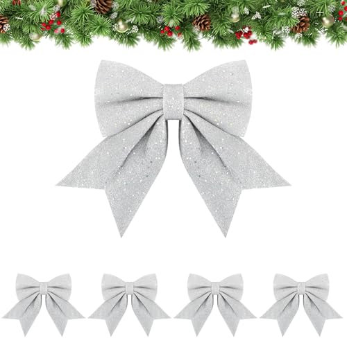 Wolkstello Schleifen Weihnachtsbaum Silber, 5 Stück XL Weihnachtsschleifen Glitzer, Weihnachtsbogen Groß, Christbaumschmuck Schleifen für Weihnachtskranz Geschenk Hochzeit Party Dekoration