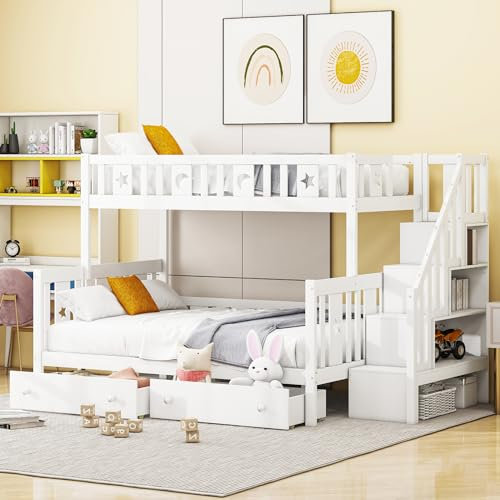 Ctastay Kinderbett Etagenbett 90x200 & 140x200 cm, Bett Holzbett Hochbett mit Stauraum Schubladen, Familienbett Gastbett mit Treppe & Regal, Weiß (Ohne Matratze)