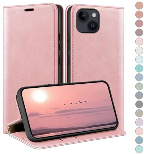 HUOUH Coque pour iPhone 15 6.1 avec RFID Blocage Etui à Rabat en Cuir de Premium,Fentes pour Cartes,Coques de Case,Cover à Rabat pour Apple 15 Portefeuille Or Rose