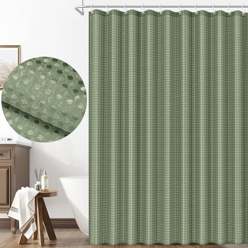 LUKDUNG Duschvorhang Waffel, 180x200cm Waffel Duschvorhang Waschbar Textil, Polyester Stoff Shower Curtain mit 12 Duschvorhangringe, Grün