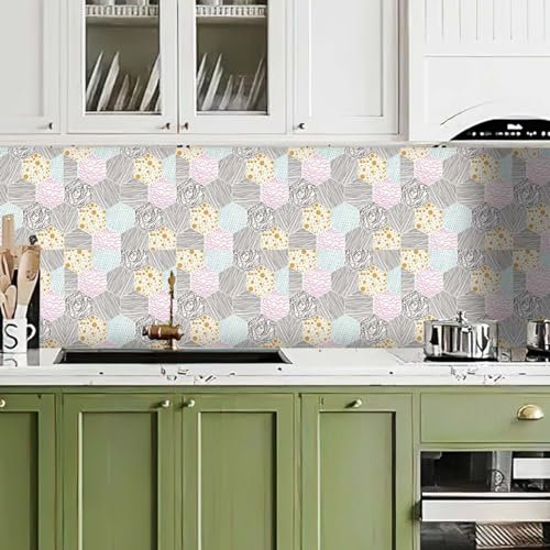 Carta Adesiva per Mobili Striscia Esagonale Rosa Carta da Parati Adesiva Muro PVC Impermeabile Carta Adesiva per Pareti Decorativo Carta Parati Armadio Carta da Parati Moderna 2P (45x300 cm)