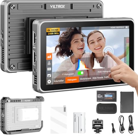 VILTROX Camera Field Monitor, HDMI Camera Monitor with Battery Storage Bag for DSLR Sony Canon Nikon Camera (DC-X2 with Cage)