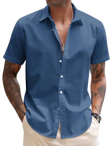 COOFANDY Linen Shirts Men Summer Short Sleeve Casual Button Down Shirt Holiiday Tops Blue XL